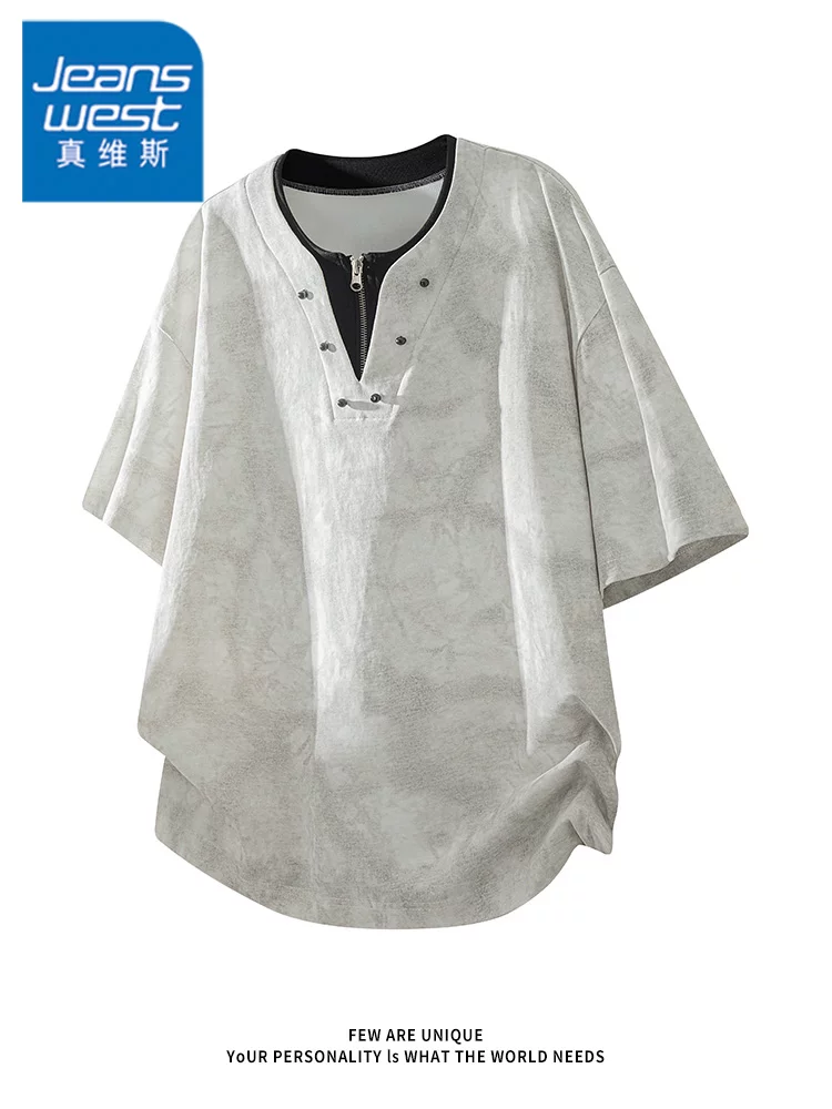 Áo thun nam cổ tròn nửa khóa kéo giả hai lớp phong cách Mỹ của Jeanswest, thương hiệu thời trang cao cấp mùa hè, tay ngắn rộng rãi thoải mái.
