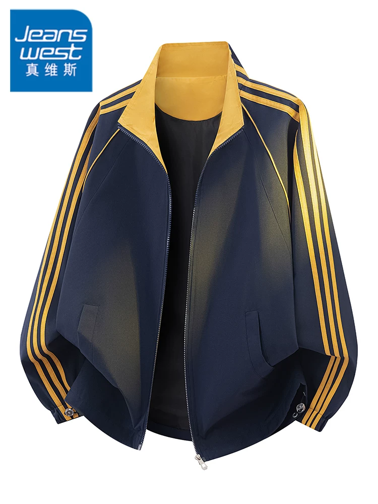 Áo khoác ba sọc cổ đứng màu sắc phong cách Mỹ của Jeanswest dành cho nam, áo khoác cao cấp thương hiệu thời trang thường ngày mùa xuân thu.