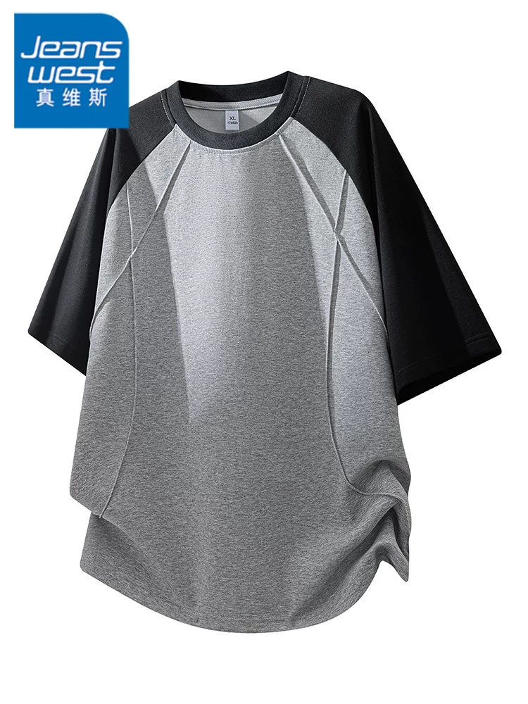 Áo thun cổ tròn phối màu nửa tay kiểu Mỹ của Jeanswest dành cho nam, mùa xuân hè, cao cấp, dáng rộng, giản dị, thoáng khí.