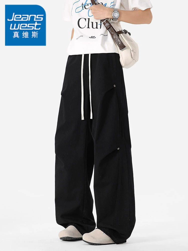 Quần dài ống đứng trang trí đinh tán bằng vải cotton nguyên chất của Jeanswest dành cho nam, quần ống rộng dáng suông đa năng mùa hè.