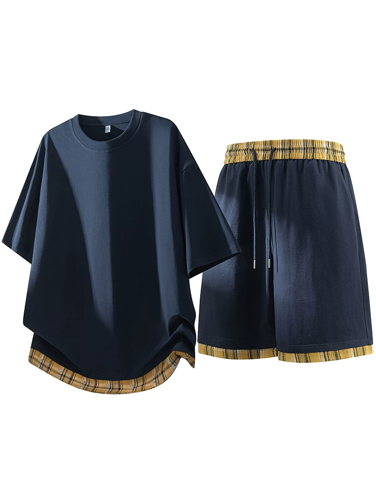 Áo thun và quần short giả hai mảnh cao cấp của Jeanswest, bộ đồ thể thao dáng rộng mùa xuân hè dành cho nam giới