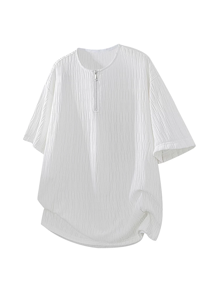 Áo thun cổ tròn có khóa kéo màu đen phong cách Mỹ thời thượng của Jeanswest dành cho nam giới, mặc mùa hè và đầu xuân, áo dáng rộng.