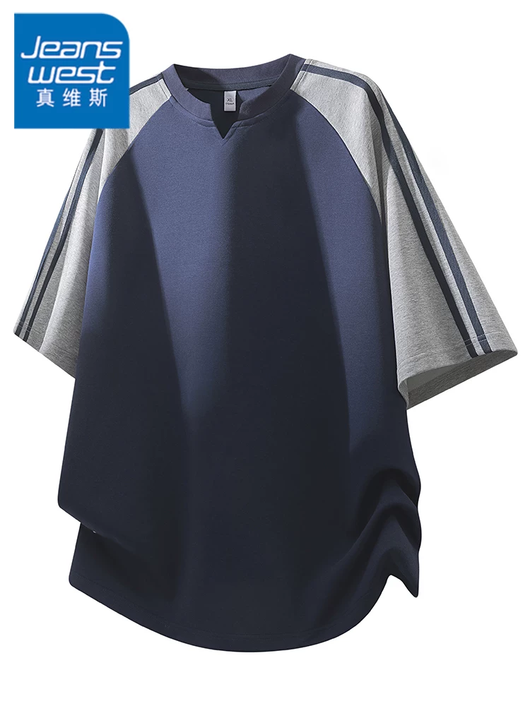 Áo thun nam cổ chữ V sọc màu phong cách Mỹ của Jeanswest, thương hiệu thời trang cao cấp mùa hè, tay ngắn rộng rãi, thoáng khí, thân thiện với làn da.