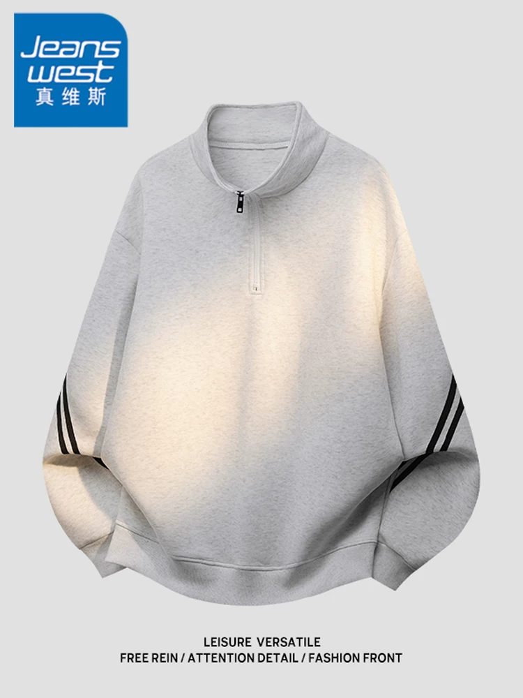 Áo nỉ cổ đứng nửa khóa kéo phong cách Mỹ của Jeanswest dành cho nam, mùa xuân thu, áo cao cấp sọc ngang thương hiệu thời thượng, dáng rộng.