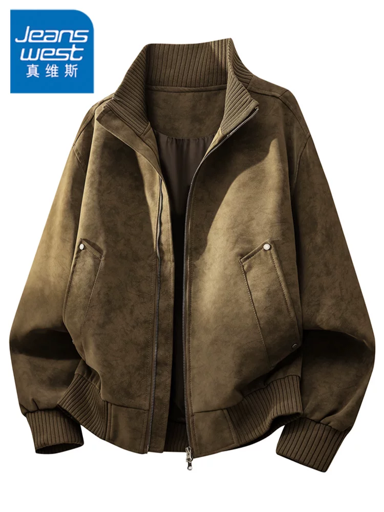 Áo khoác da PU cổ đứng phong cách retro Mỹ của Jeanswest dành cho nam, mùa xuân thu, thương hiệu thời thượng cao cấp, áo khoác phong cách thoải mái, cá tính.
