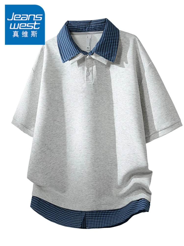 Áo thun cổ bẻ giả hai mảnh kiểu Mỹ của Jeanswest dành cho nam, mùa xuân hè, cảm giác cao cấp, áo kiểu dáng rộng rãi thoải mái.