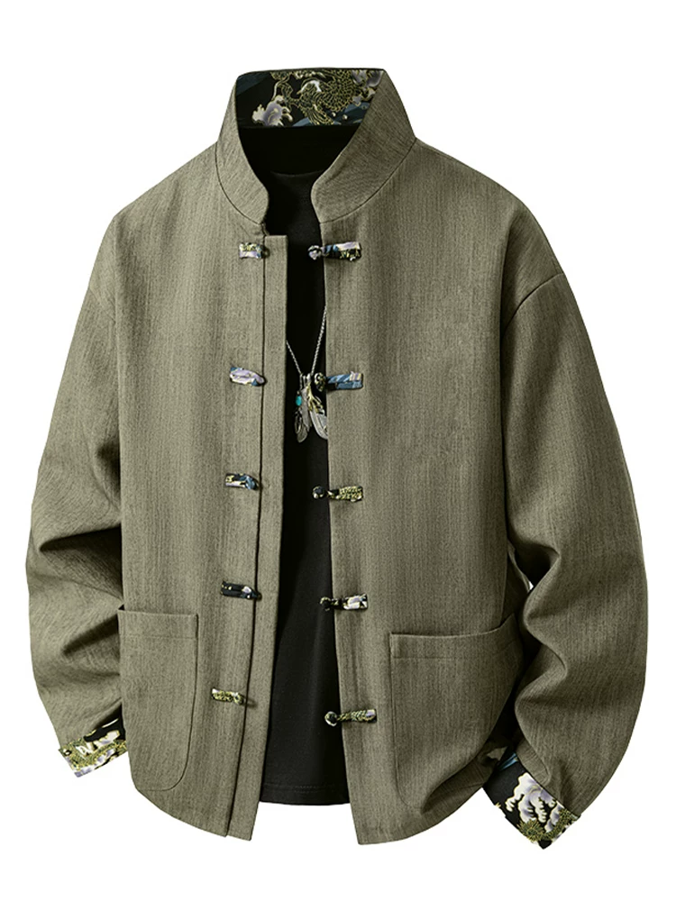 Áo khoác cài cúc cổ đứng phong cách Trung Quốc của Jeanswest dành cho nam, mùa xuân và mùa thu, áo khoác ấm chống gió dáng rộng thông thường cao cấp.