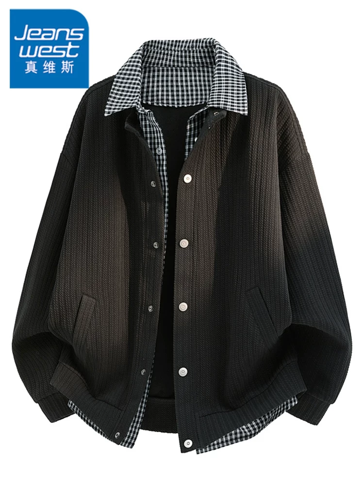 Áo khoác kẻ sọc giả hai mảnh phong cách Mỹ của Jeanswest dành cho nam, mùa xuân và mùa thu, áo khoác ngoài dáng rộng cao cấp, phong cách thường ngày.