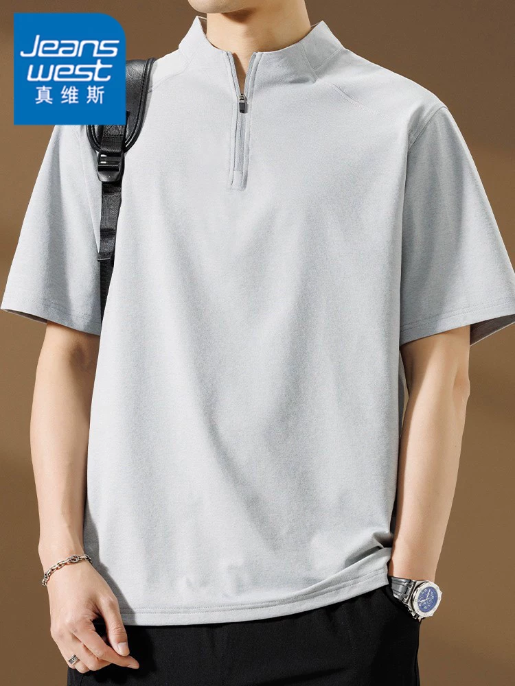 Áo thun ngắn tay có khóa kéo bằng lụa băng kháng khuẩn 5A chống nắng của Jeanswest dành cho nam, áo thun nửa tay thông thường đa năng mùa hè.