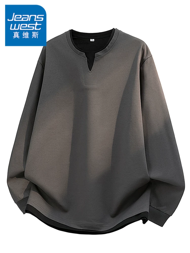 Áo nỉ cổ tròn giả hai mảnh phong cách Mỹ của Jeanswest dành cho nam, mùa xuân thu, dáng rộng cao cấp, áo hàng hiệu cá tính và hợp thời trang.