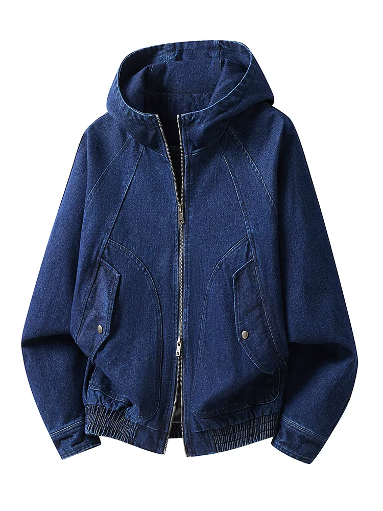 Áo khoác denim có mũ trùm đầu, khóa kéo đôi, phong cách retro Mỹ của Jeanswest dành cho nam, áo khoác thường ngày cao cấp mùa xuân thu.