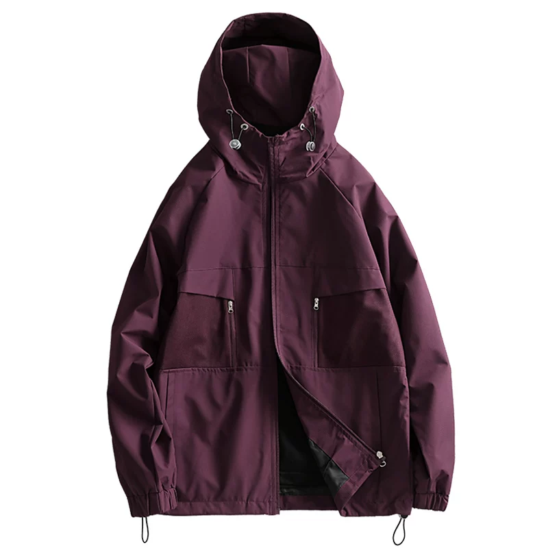 Áo khoác gió ngoài trời màu trơn Jieyi, kiểu dáng thường ngày, mới năm 2025, dành cho nam, có mũ trùm đầu, thời trang