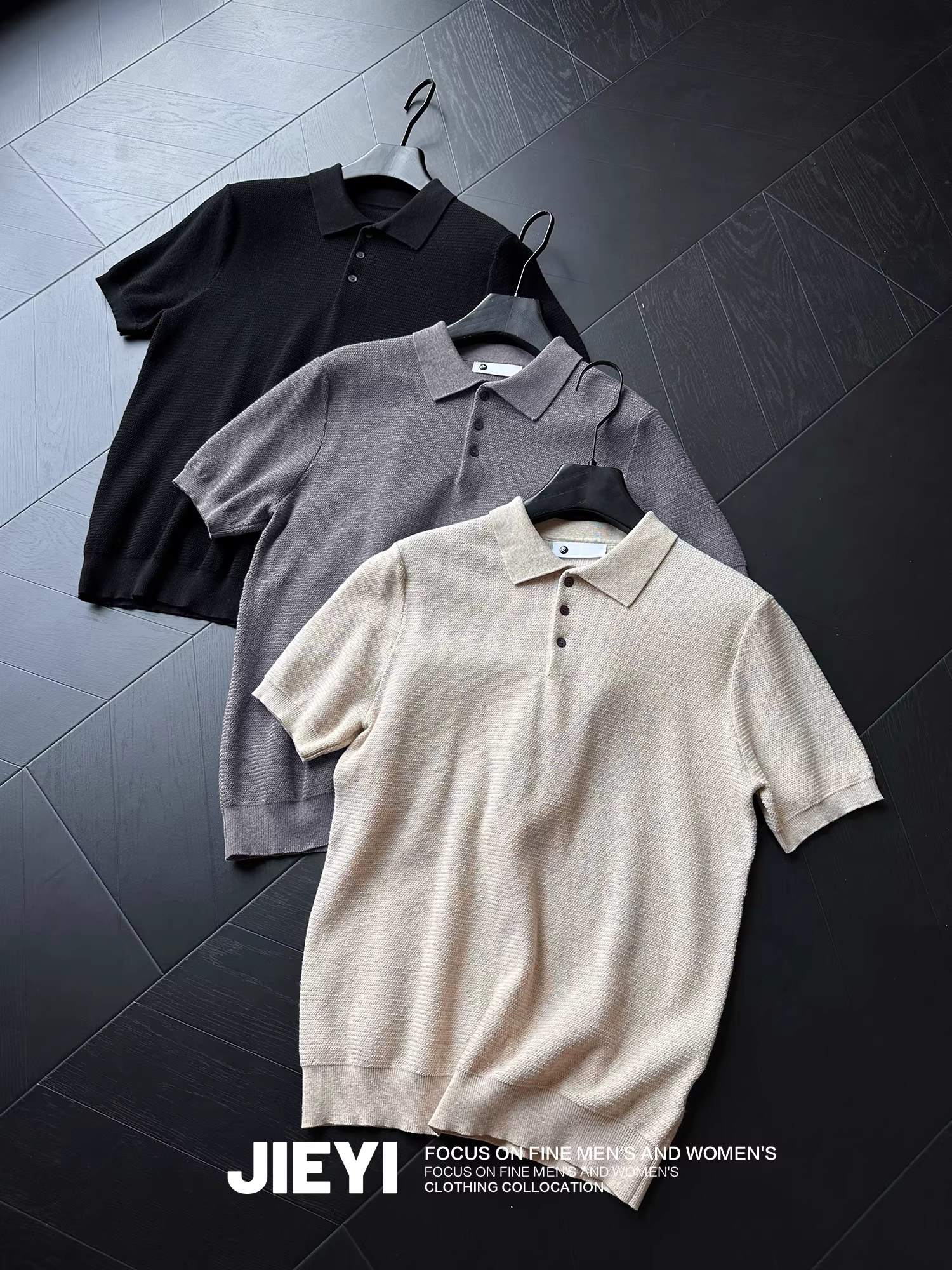 Áo sơ mi nam JIEYI chất liệu cotton nguyên chất, màu trơn, tay ngắn, kiểu dáng cổ điển, phong cách tiền tài sang trọng, chất liệu jacquard cao cấp, kiểu áo polo tay ngắn.