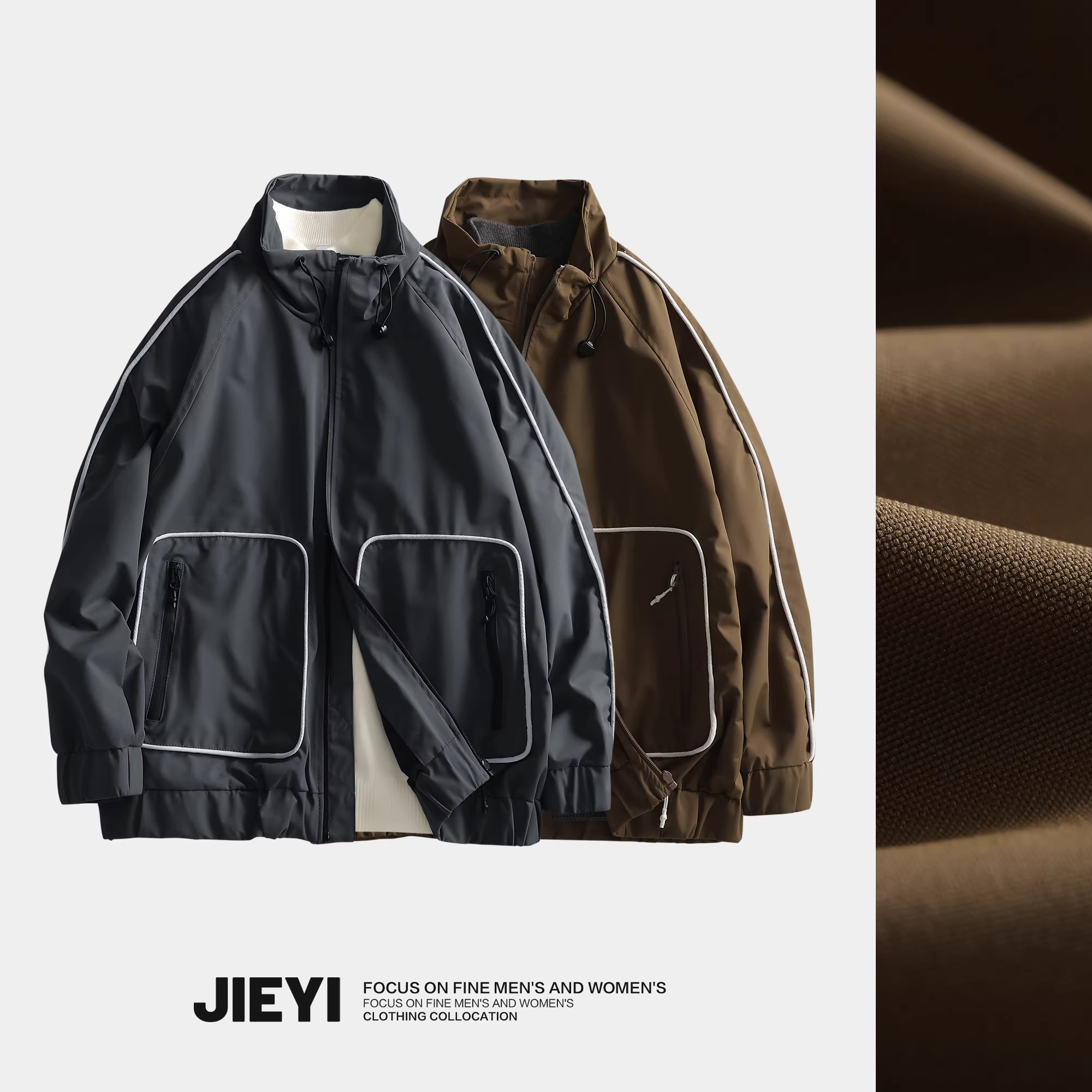 Áo khoác gió kiểu Mỹ màu xanh quân đội dành cho nam, có cổ đứng và thiết kế phối màu, thích hợp mặc thường ngày ngoài trời.