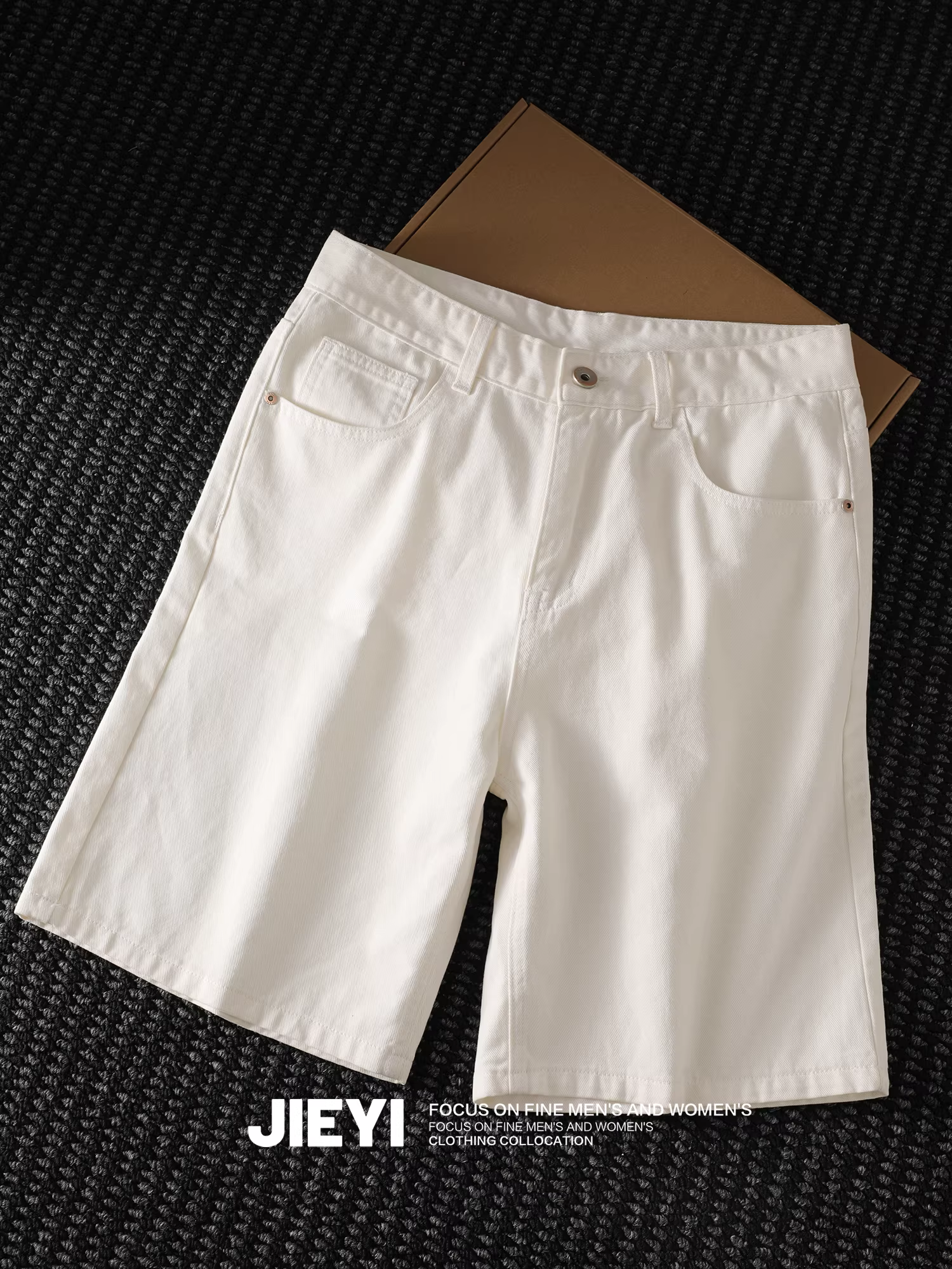 Quần short denim đen trắng chất liệu cotton twill cao cấp JIEYI dành cho nam, phong cách Hàn Quốc đa năng, kiểu dáng thời trang, dài ngang đùi.