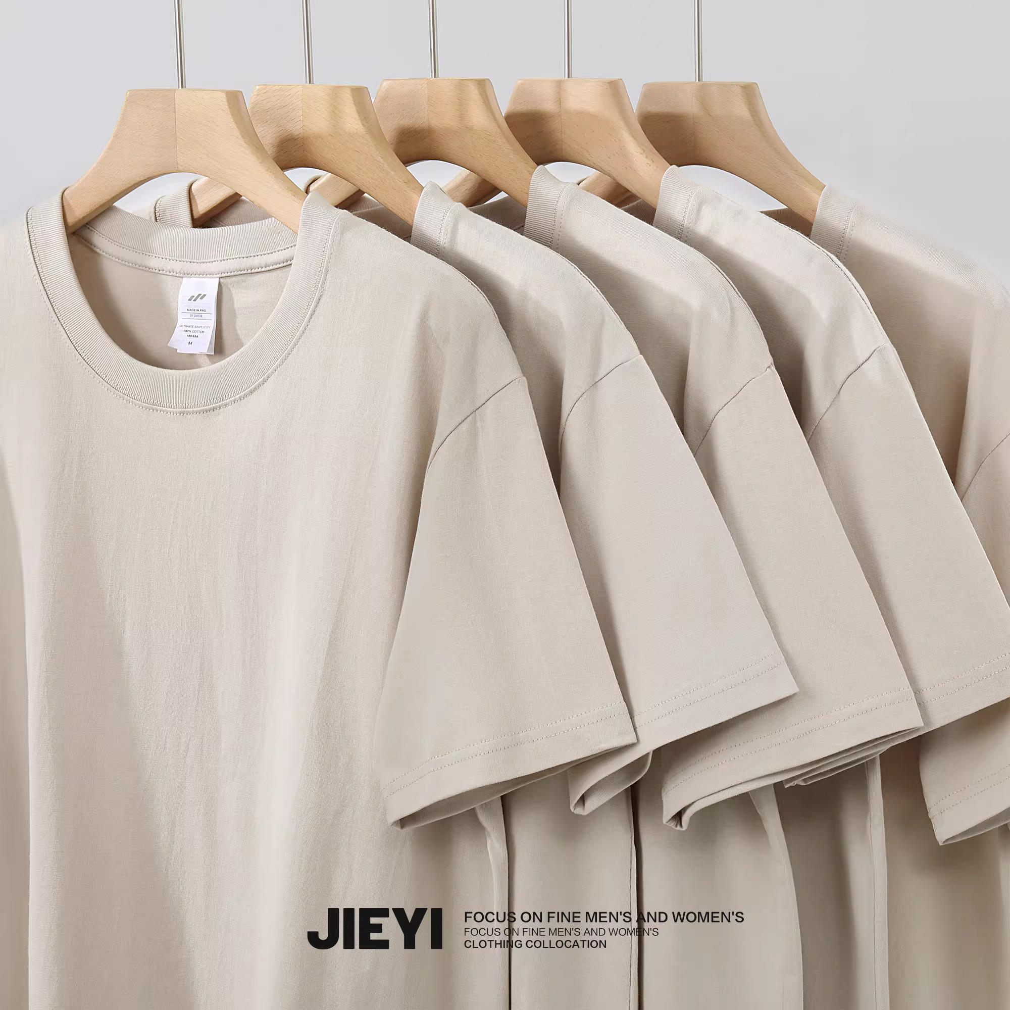 Áo thun cotton nguyên chất nặng chất, màu đất JIEYI, kiểu dáng đơn giản và đa năng, áo thun ngắn tay thời trang, áo cổ tròn kiểu vintage đã qua xử lý giặt mềm.