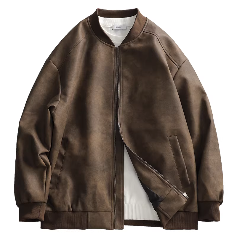 Áo khoác da PU kiểu Mỹ thời trang đường phố nam, kiểu dáng cổ điển, ngắn, phong cách vintage.