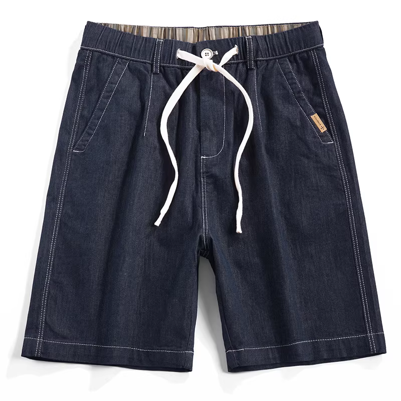 Quần short denim lưng thun kiểu retro JIEYI dành cho nam, chất liệu mỏng, kiểu buộc dây, phong cách thường ngày, mát mẻ, dài ngang đùi.