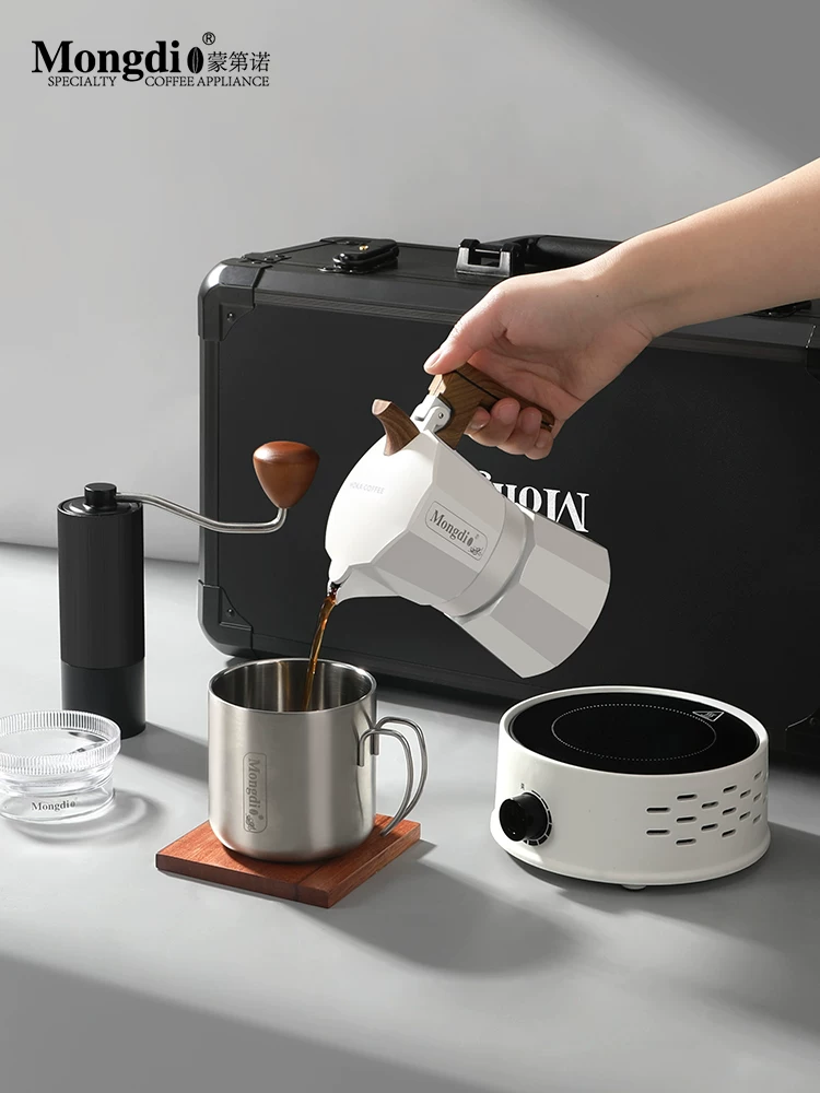 Bộ ấm pha cà phê Moka hai van Mongdio, hộp quà tặng, ấm pha cà phê thủ công, dụng cụ pha cà phê ngoài trời, đồ dùng pha cà phê