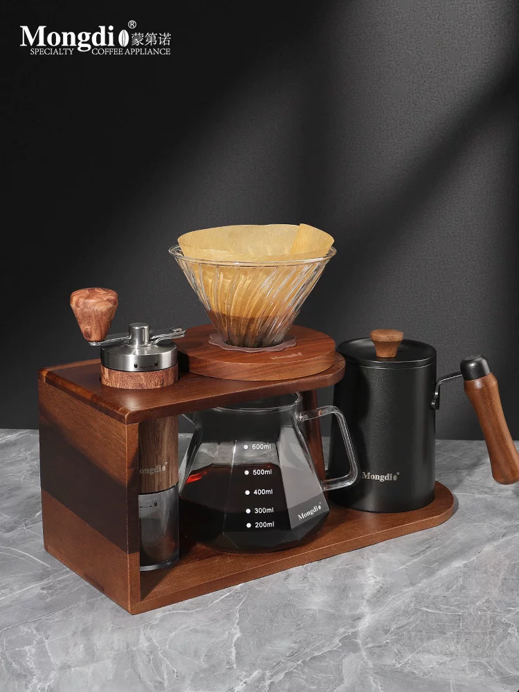 Bộ ấm pha cà phê Mongdio, máy xay cà phê cầm tay, giá đỡ bằng gỗ quay tay, ấm pha cà phê, dụng cụ pha cà phê