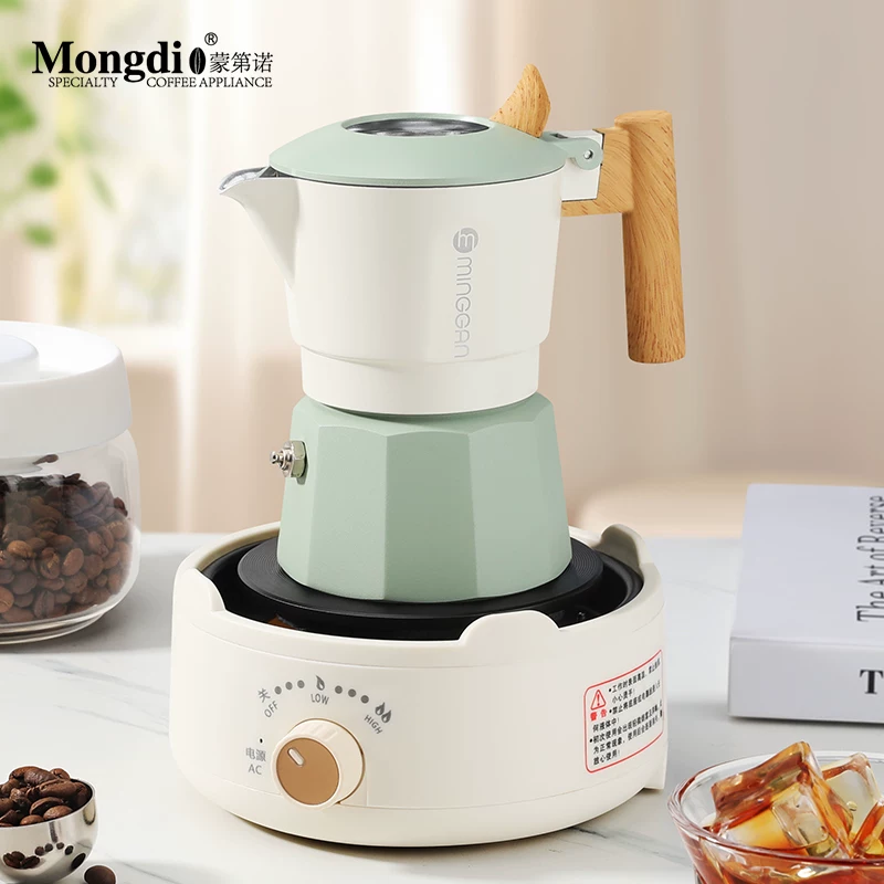 Máy pha cà phê moka pot hai van Mongdio, máy pha cà phê espresso tại nhà, bộ dụng cụ pha cà phê
