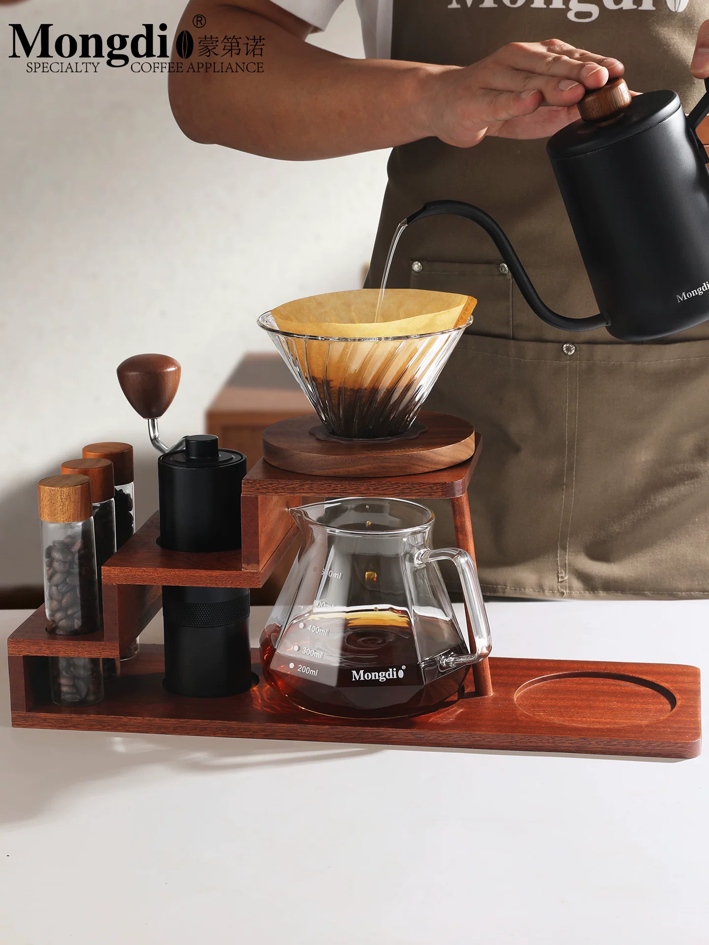 Bộ ấm pha cà phê thủ công Mongdio, máy xay cà phê bằng tay, máy xay cà phê quay tay, giá đỡ bằng gỗ, dụng cụ pha cà phê