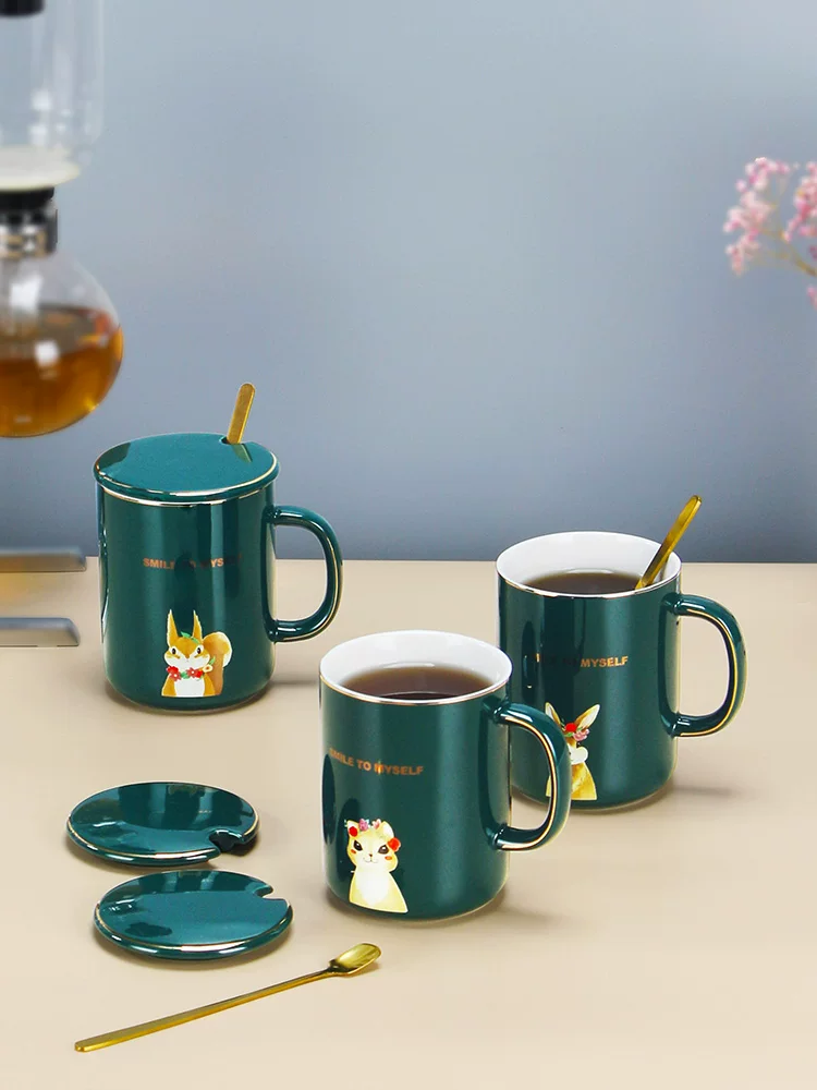 Tách cà phê treo tai Mongdio dùng trong gia đình, phong cách châu Âu, sang trọng nhỏ gọn, cốc tinh tế theo phong cách ins có nắp và thìa, cốc gốm dành cho cặp đôi.