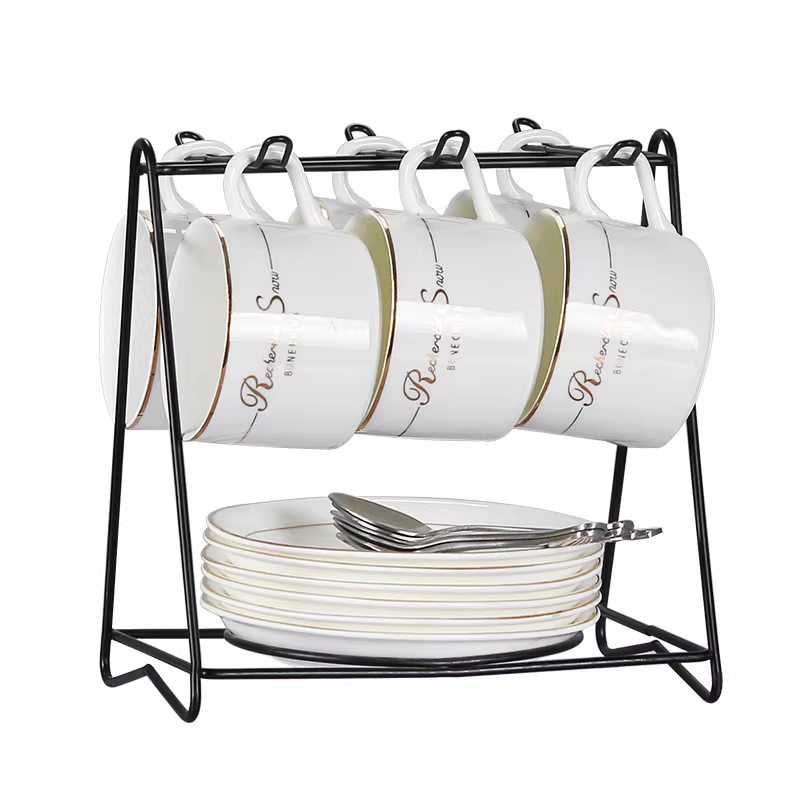 Bộ cốc cà phê bằng gốm sứ Mongdio dùng trong gia đình, cốc cà phê nhỏ sang trọng phong cách châu Âu, bộ 6 món nhỏ và tinh tế với cốc, đĩa và thìa.