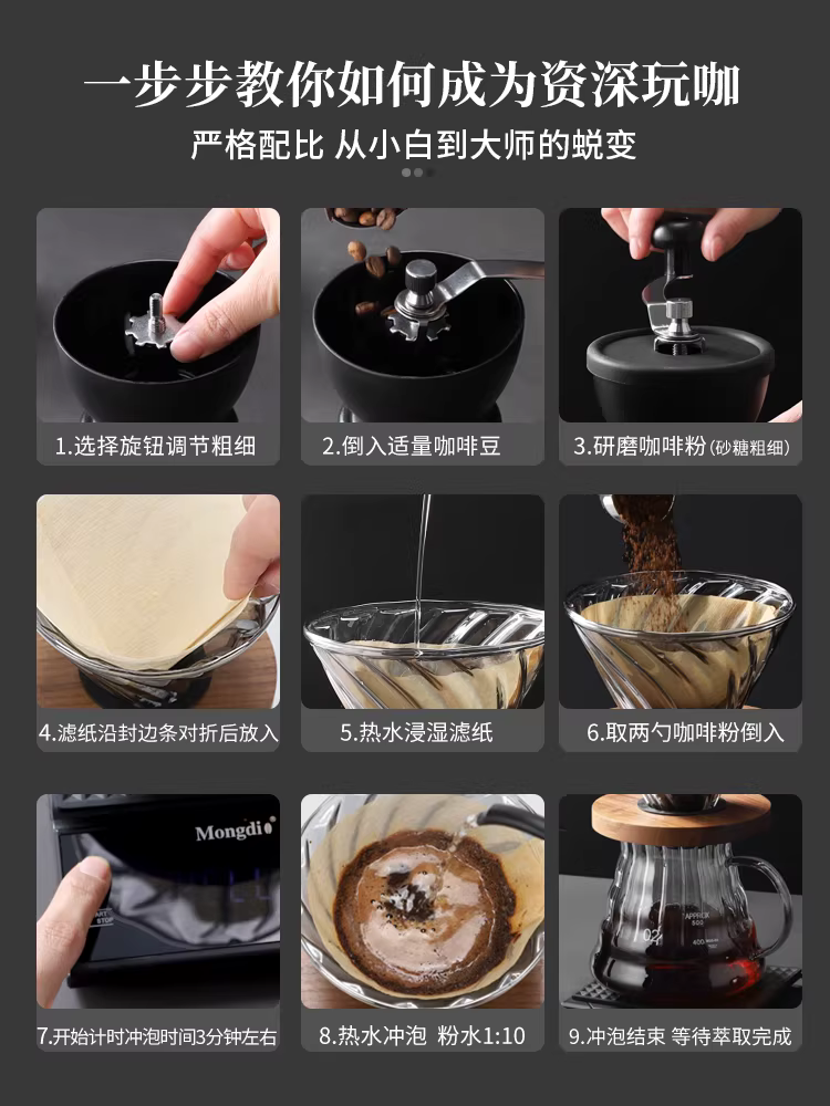 Bộ pha cà phê thủ công dùng tại nhà, bao gồm dụng cụ pha cà phê, bộ lọc cà phê, bình chia cà phê, máy xay và bộ ấm pha cà phê thủ công.