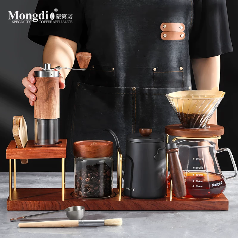 Bộ ấm pha cà phê thủ công Mongdio, máy pha cà phê bằng tay, thiết bị pha cà phê bằng tay quay tay, giá đựng bằng gỗ