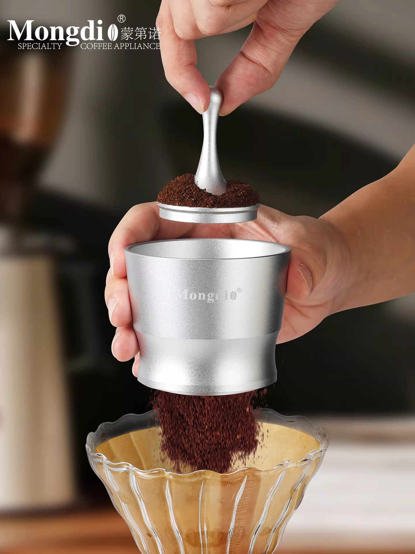 Dụng cụ thu gom bã cà phê Mongdio, dụng cụ thu gom bã cà phê, dụng cụ phân phối bã cà phê, phụ kiện máy pha cà phê 51/58mm, dụng cụ thu gom bã cà phê pha tay espresso