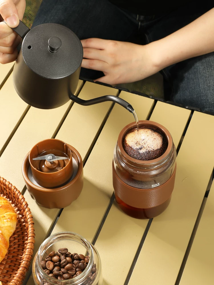 Máy pha cà phê cầm tay Mongdio, máy xay và pha cà phê ngoài trời tất cả trong một, máy xay cà phê điện gia đình nhỏ gọn, tích hợp cốc