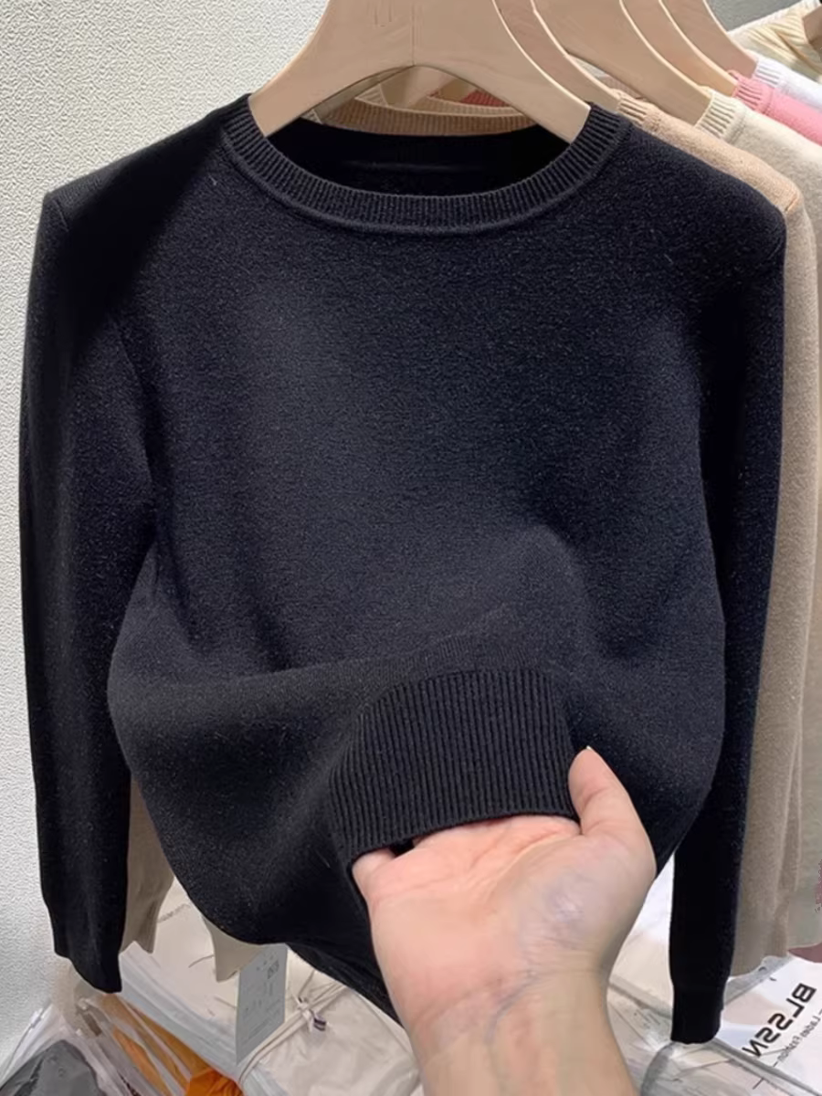 Quần áo nữ ngoại thương phong cách châu Âu, áo thun dệt kim lót lông cừu có nhãn cắt, thích hợp để mặc nhiều lớp vào mùa thu đông, áo len dày có lớp lông cừu tích hợp.