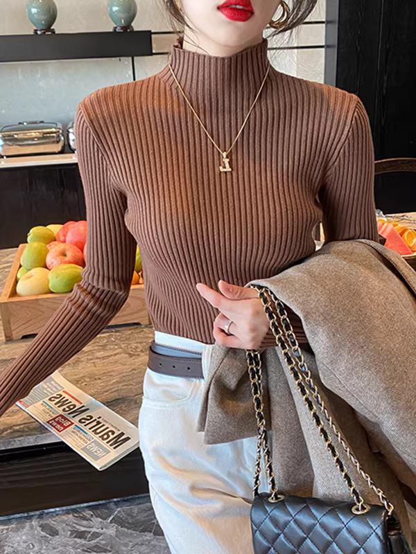 Hàng thanh lý quần áo xuất khẩu nữ, có mác cắt, áo thun cổ lọ nửa cao, áo kiểu dáng cơ bản màu trơn thời trang.