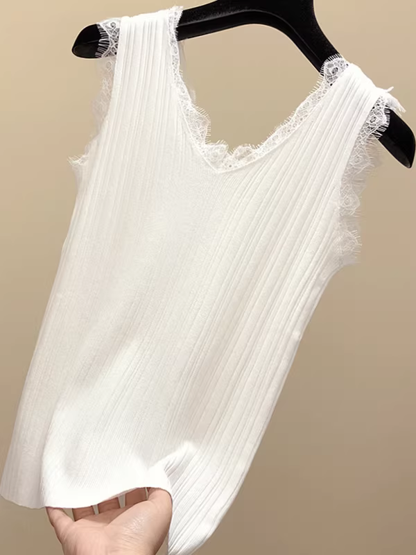 Áo camisole dệt kim lụa đá giảm giá, thời trang mặc trong hoặc mặc ngoài, kiểu dáng ngắn tay, chất liệu ren dành cho nữ