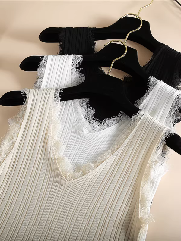 Áo ba lỗ ren cổ V kiểu Âu mùa hè mới chất liệu lụa đá mát mẻ, áo lót nữ gợi cảm, áo len không tay mặc trong hoặc mặc ngoài