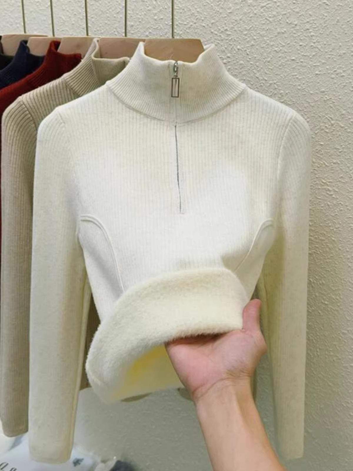 Hàng thanh lý quần áo nữ châu Âu, có mác cắt, áo len dệt kim dài tay, lớp lót giữ ấm mùa đông, áo lót nửa khóa kéo tích hợp lớp lông cừu.