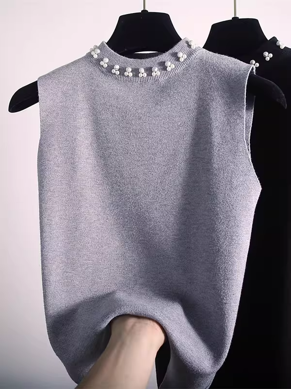 Quần áo nữ giảm giá có nhãn mác và đính hạt, áo camisole cổ nửa cao thời trang dành cho nữ, áo len ngắn để phối lớp.