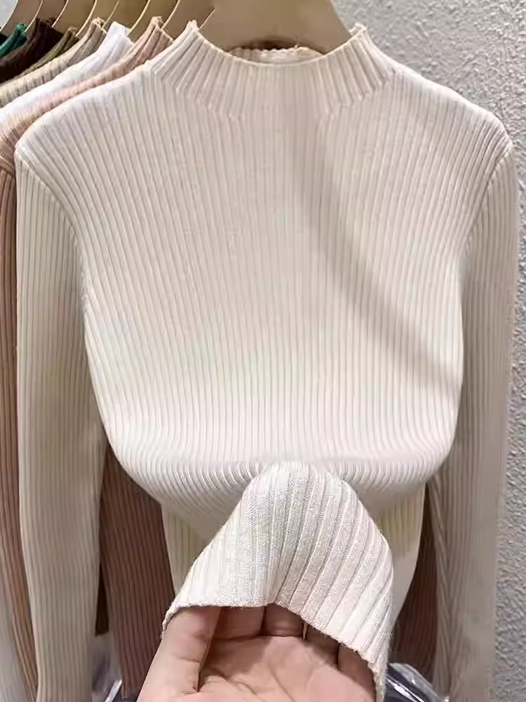 Quần áo nữ châu Âu giảm giá có thương hiệu, áo len dệt kim cắt nhãn, đồ lót thiết kế độc đáo, áo sơ mi cổ cao nửa cổ ôm sát.