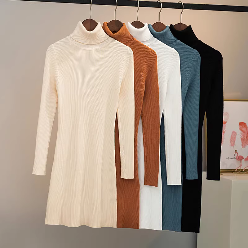 Cửa hàng giảm giá hàng hiệu, thanh lý quần áo nữ chính hãng, áo len cổ lọ, đầm liền thân dáng ôm dài trung bình mùa thu đông