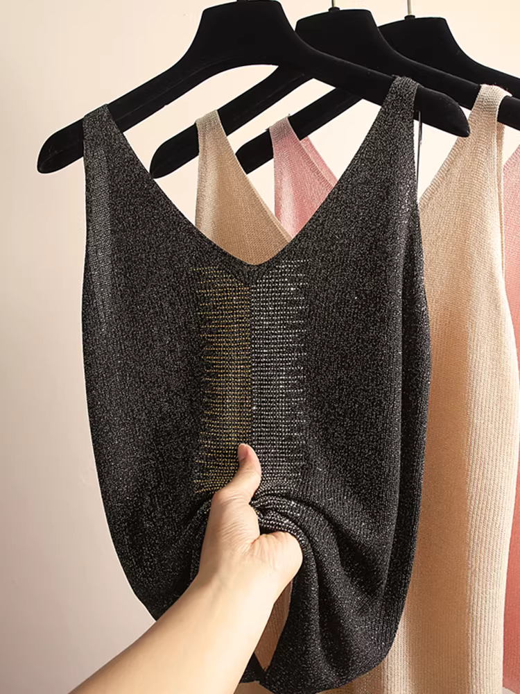Hàng thanh lý quần áo nữ châu Âu, có mác cắt, chỉ sáng bóng, đính đá, áo hai dây dệt kim, ôm dáng, tôn dáng, thích hợp mặc bên trong vest, áo độc đáo.