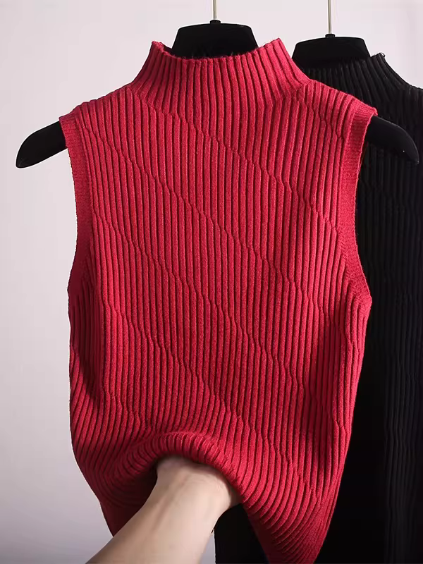 Quần áo nữ giảm giá có thương hiệu, áo vest không tay cắt nhãn, áo thun dệt kim cổ nửa cao, áo kiểu dáng thời trang và độc đáo để phối lớp.