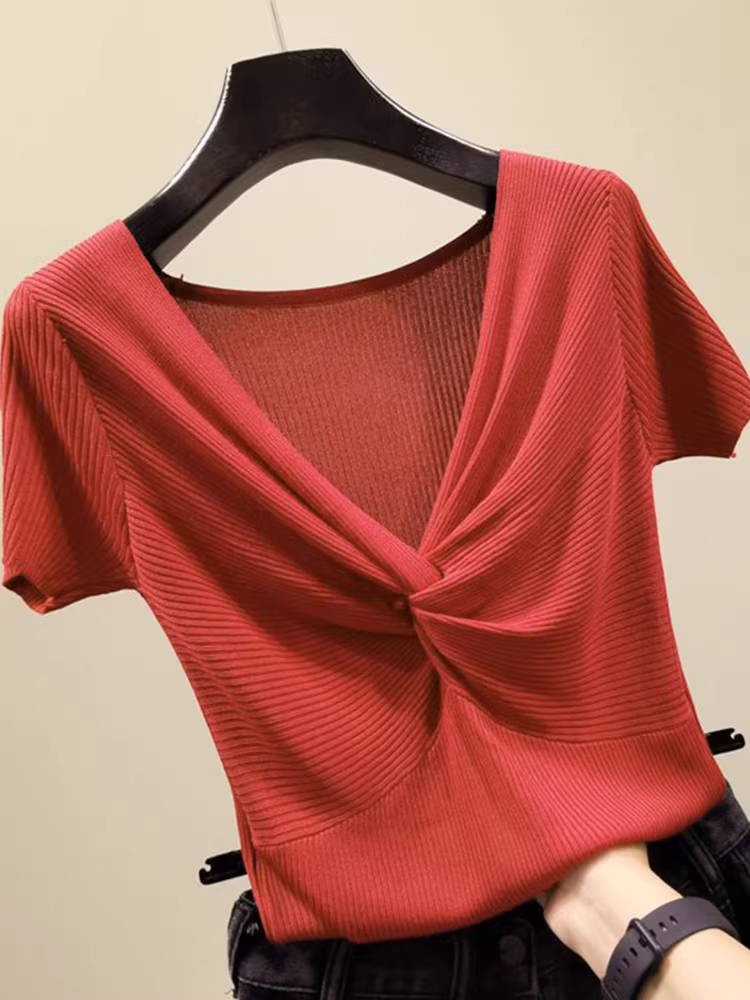 Áo thun nữ mùa hè mới kiểu dáng ôm sát tay ngắn chất liệu lụa đá mỏng thời trang, giảm giá thương hiệu