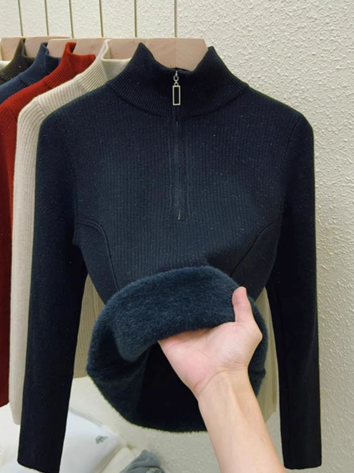 Hàng thanh lý quần áo nữ châu Âu, có mác cắt, áo len dệt kim dài tay, lớp lót giữ ấm mùa đông, áo lót nửa khóa kéo tích hợp lớp lông cừu.