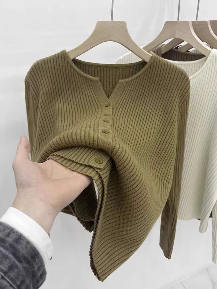 Áo len dệt kim cổ chữ V dài tay ôm dáng, nhãn hiệu giảm giá, kiểu dáng đơn giản màu trơn, thời trang.