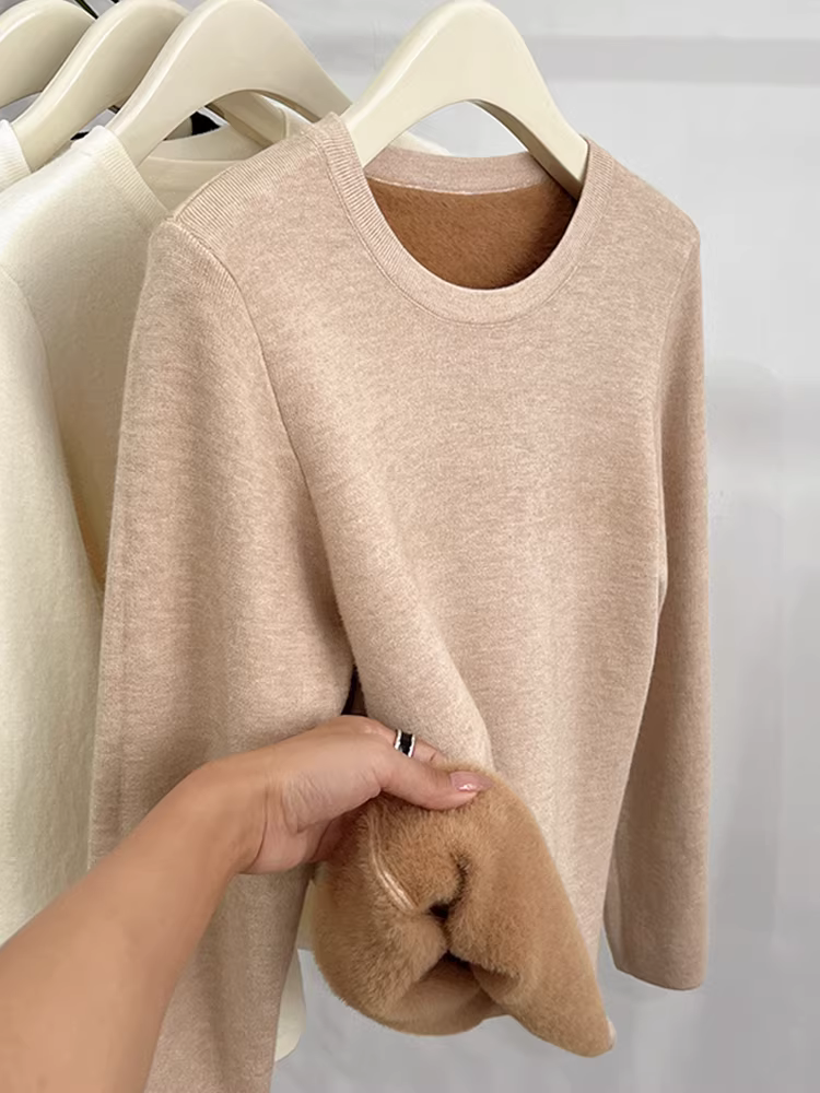 Quần áo nữ châu Âu giảm giá có thương hiệu, cắt nhãn, áo len lót lông cừu, dày dặn, dài tay mùa thu đông, lông cừu tích hợp, áo dệt kim cổ tròn ấm áp.