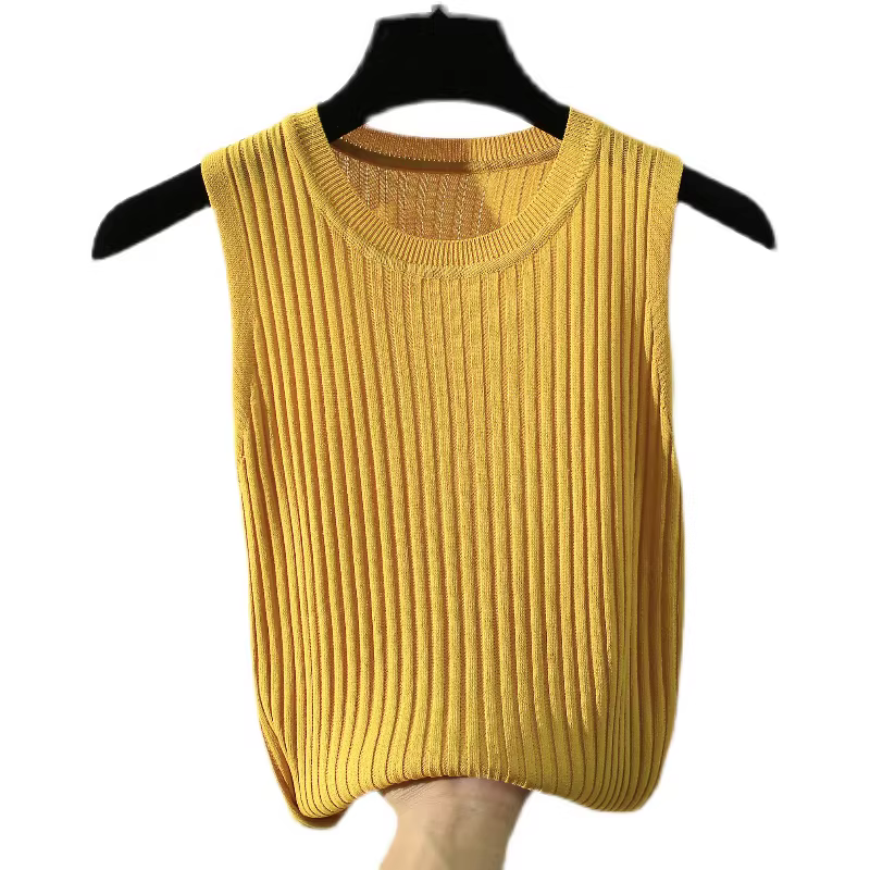 Áo gile dệt kim mỏng chất liệu lụa đá cổ tròn dành cho nữ, kiểu áo len chui đầu ôm dáng màu trơn đa năng, áo lót cơ bản