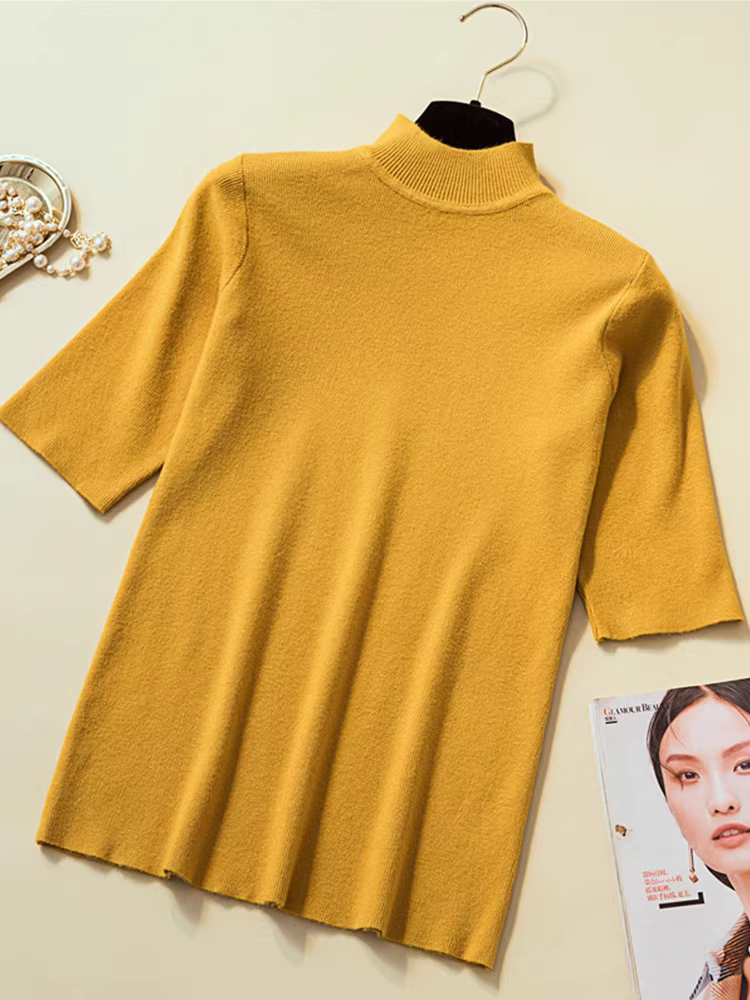 Hàng thanh lý quần áo nữ châu Âu có mác cắt, áo thun dệt kim tay lửng để mặc lớp hoặc mặc đơn, áo độc đáo tay lửng mùa xuân thu.