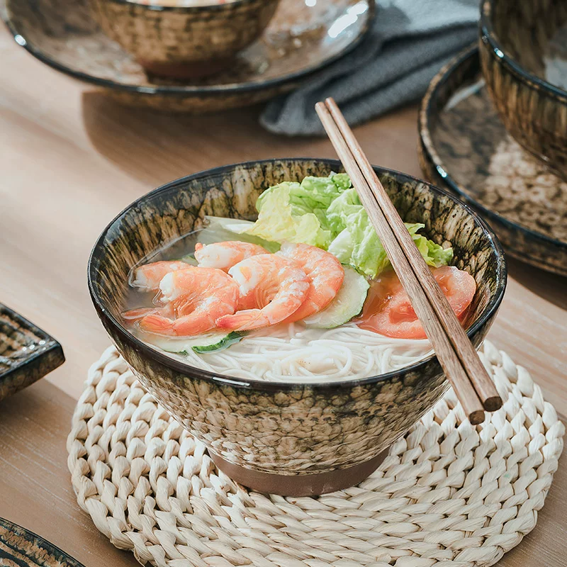 Bộ bát đĩa kiểu Trung Quốc dùng trong gia đình, bộ đồ ăn gốm sứ Cảnh Đức Trấn men lò đất tím, sứ cao cấp với họa tiết da báo.