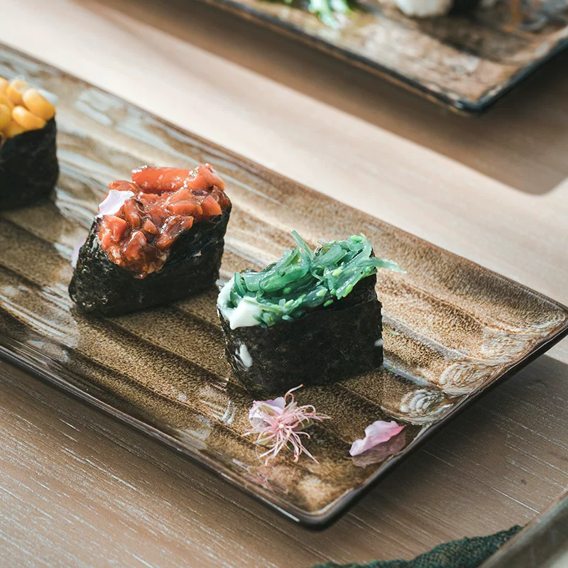 Đĩa hình chữ nhật sáng tạo, đĩa sushi, đĩa sứ cổ điển, đĩa cá gia dụng, đĩa ăn cao cấp, đĩa phẳng, phong cách gỗ tự nhiên.